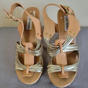 Steve Madden Size 7.5 Tampa Metallic 4" Wood Wedge Strappy Leather Sandals Tan